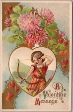 1914 VALENTINE'S DAY Embossed Postcard Cupid Aiming Arrow / Flowers & Hearts picture