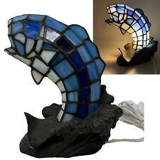 VTG Tiffany Style Stained Glass Leaping Blue Bass Fish on Water Lamp Night Light picture