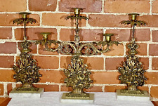 3 Pc Set  Antique Rococo Revival Girandole Candelabras Gilded Brass Marble C1860 picture
