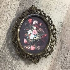 Vintage Ornate Small Metal Oval Picture Frame Floral Decor Made in Italy picture