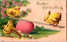 Vintage 1913 Easter Greeting Chicks Playing Seesaw over Egg Embossed Postcard  picture