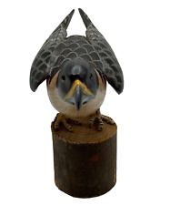 Signed KENT Hand Painted Carved Wood Peregrine Falcon Bird On Perch. Glass Eyes picture