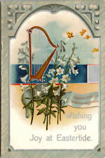 Vtg 1910s Wishing You Joy At Easter Lilies Butterflies Silver Harp Postcard picture