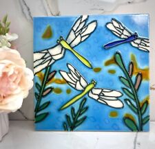 Dragonflies Hand Painted Ceramic Art Tile 6 x 6 inches Vintage Dragonfly Trivet picture