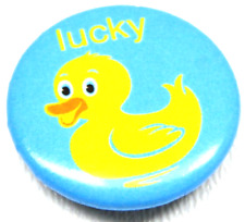Vintage Lucky Duck Pinback Button Yellow Metal Rare Blue Collectable picture