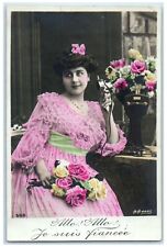 c1910's Pretty Woman Talking Telephone With Flowers RPPC Photo Antique Postcard picture