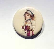 GIRL WITH A LITTLE SANTA CLAUS - VINTAGE BUTTON PIN picture