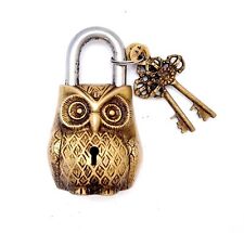 Handmade Golden owl Design Functional Brass Lock with 2 Keys Vastu Collectible picture