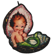 BABY MERMAID in OPEN SEA SHELL   * Glitter CHRISTMAS ORNAMENT * Vtg Img picture