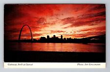 St Louis MO-Missouri, Sunset at Gateway Arch, Skyline, Vintage Souvenir Postcard picture