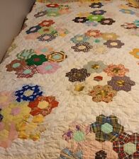Vintage Quilt 72”x 86” Grandmothers Floral/Hexagon Garden Hand Quilted Blanket  picture
