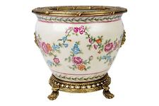 Beautiful Floral Motif Porcelain Bowl Pot Brass Ormolu Accents 10