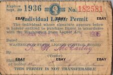 1936 Washington State Individual Liquor Permit Card No 182581 picture