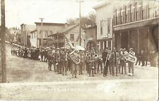 Argyle WI -- High School Band, 1907 Memorial Day Parade, store fronts; nice RPPC picture