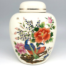 Enesco Porcelain Ginger Jar Birds Flowers Tea Caddy Gold Accents Japan Vtg 1979 picture