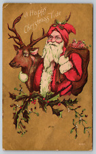 c1910s Happy Christmas Tide Decor Santa Clause Reindeer Antique Postcard picture