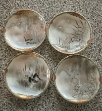 Rare 4 Vintage Antique Japanese Eggshell Porcelain Kutani Saucers Birds picture