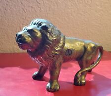 ANTIQUE LION CAST IRON STILL BANK, GOLD FINISH, GOOD CONDITION VINTAGE USED NICE picture