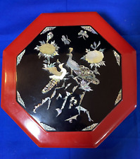 VINTAGE  BLACK/RED LACQUER SERVING TRAY WITH MOTHER OF PEARL INLAY 9.5