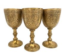 3 Vintage Embossed Gothic Medieval Brass Royal Chalice Heavy Wine Goblets 6” T picture
