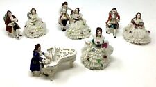 Set of 8 Antique Dresden Porcelain Figurines Ladies Lace Dresses Gentalmen Piano picture