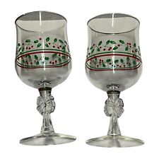 Vintage Arby's Gold Rim Christmas Holly Berry Bow Stemmed Glass Goblet Set of 2 picture