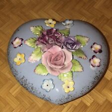 Vintage Japan Ceramic Heart Trinket Vanity Box 3-D Flowers Periwinkle picture