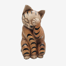 Vintage Carved Wooden Cat Sleepy Striped Tabby? Kitty Sitting Folkart Country picture