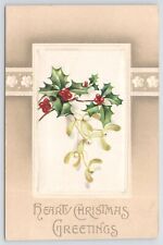 Holiday~Hearty Christmas Greetings~Mistletoe~Holly Berries~Mantle~Floral~Vintage picture