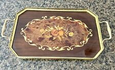 Vintage Italian Wood Tray Inlaid Floral Marquetry Brass Handle  14” X 9” picture