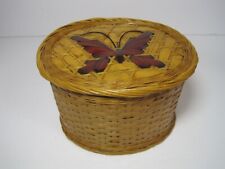 Vtg Hand Made Woven Wicker Oval Basket Jewelry Sturdy Box With Butterflies 6x5x4 picture