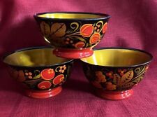 3 Khokhloma Hohloma Russian Folk Art HandPainted Wooden Bowl Black Red Gold USSR picture