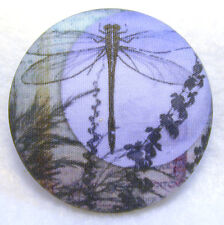 Dragonfly and Full Moon  Hand Printed Fabric Covered Button 1 & 1/2 inch DFLY 53 picture