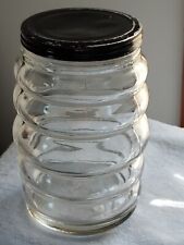RARE VINTAGE SELLERS HOOSIER BEEHIVE RIBBED GLASS JAR with Screw on Black Lid picture