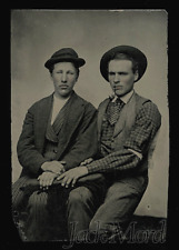 Two Men Friends Sharing a Chair One Smoking Pipe Antique Tintype Photo 1800s picture