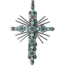 Dishta Zuni silver cross pendant with turquoise and coral inlay picture