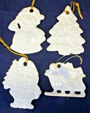 4 Vintage Christmas Ornaments White Ceramic Santa Tree Snowman Sleigh picture