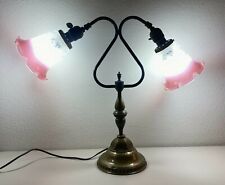 Vintage Brass Dual Gooseneck Desk Table Lamp Double Socket Floral Pink Glass picture