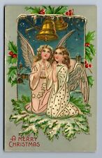 C.1905 TWO CHERUBS ANGELS KNEELING IN PRAY, BELLS, GILT, CHRISTMAS Postcard P12 picture