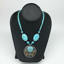1pc, Turkmen Necklace Pendant Statement Tribal Round Blue Turquoise Inlay, TN806 picture