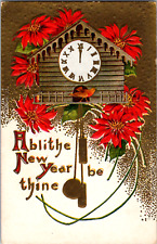 Vintage C. 1910 A Blithy New Year Be Thine Red Poinsettia Cuckoo Clock Postcard picture