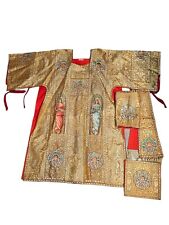 Antique Vestment Chasuble Embroidered Angels Gold Motif Silk Damask 4 Pcs Set picture