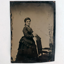 Confident Young Beautiful Girl Tintype c1870 Antique 1/6 Plate Woman Photo A1320 picture