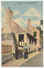 Street in St. George Tourists Cyclists Bermuda Linen Unposted Postcard picture