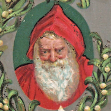1910s Merry Christmas Santa Claus White Flowers Glitter Postcard picture
