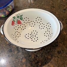 Vintage Strawberry Fruit Colander Strainer Pot Bowl White Enamel Metal Teleflora picture