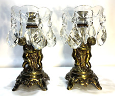 Antique Pair 2 Cherubs Brass Crystal Glass Art Deco Candle Stick Holder Louis XV picture