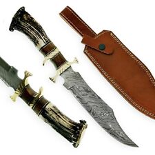 BEAUTIFUL CUSTOM HAND MADE DAMASCUS STEEL HUNTING BOWIE KNIFE HANDLE STAG ANTLER picture