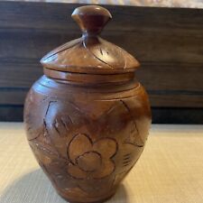 Vintage Wooden Hand Carved Floral Fish Tobaco/Ginger/Tea Jar Bowl with lid 7.5