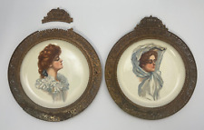 2 Antique Gibson Girl Portrait Plates Ornate Filigree Metal Frame READ picture